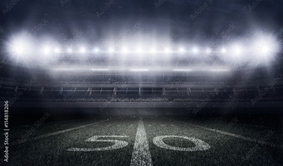 Picture of American football stadium in lights and flashes